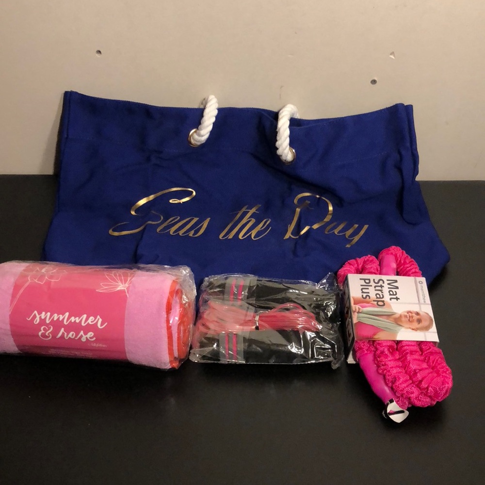 Trina Turk tote, yoga towel, jump rope, mat strap
